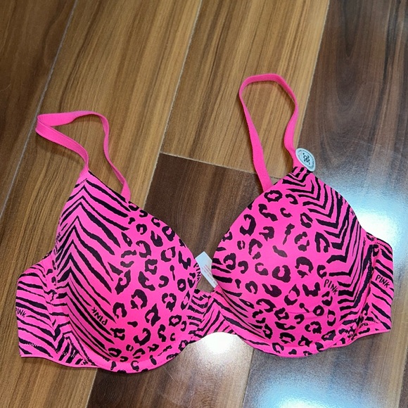 PINK Victoria's Secret Other - 36C Victoria’s Secret PINK vintage push-up bra hot pink black animal print bra
